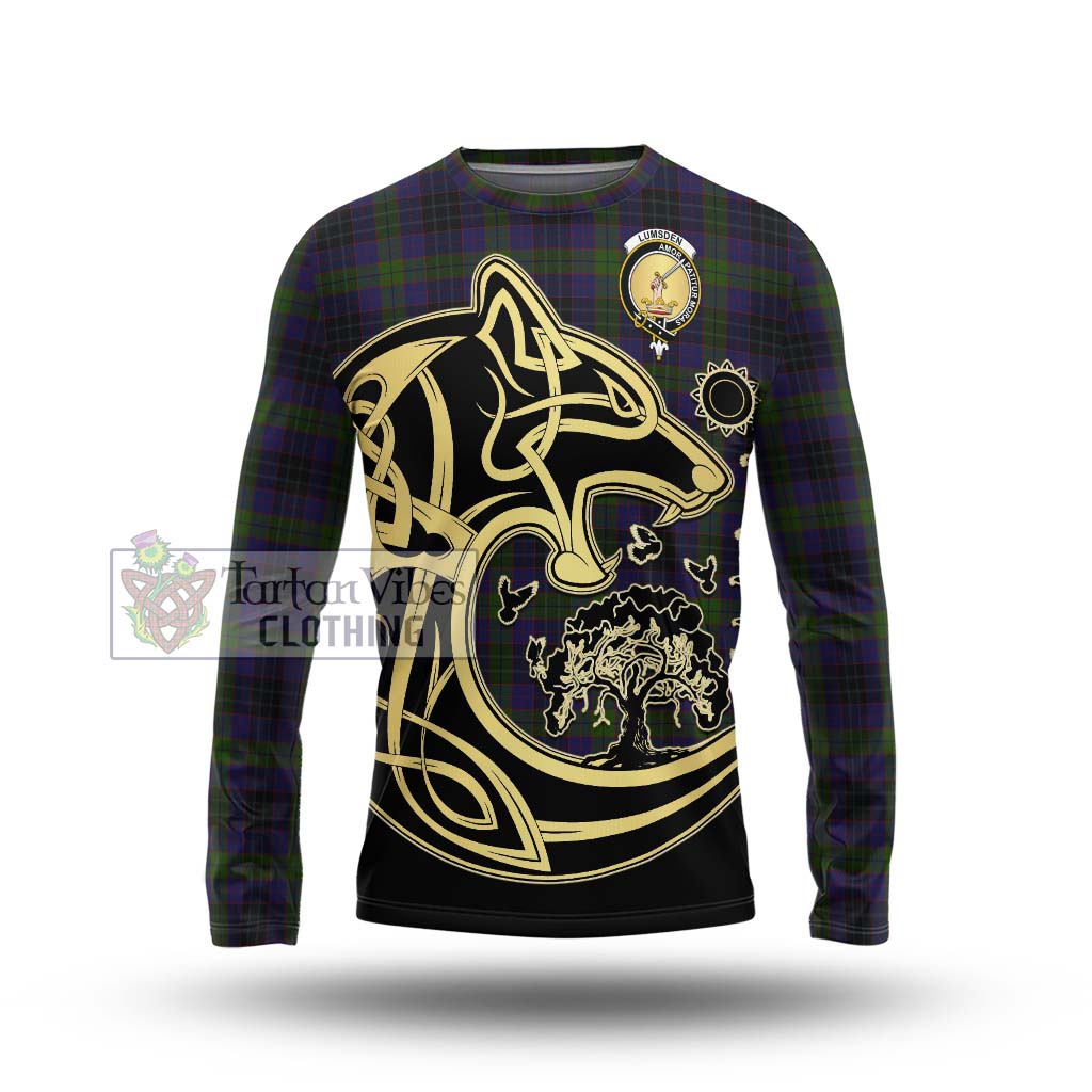 Tartan Vibes Clothing Lumsden Hunting Tartan Long Sleeve T-Shirt with Family Crest Celtic Wolf Style