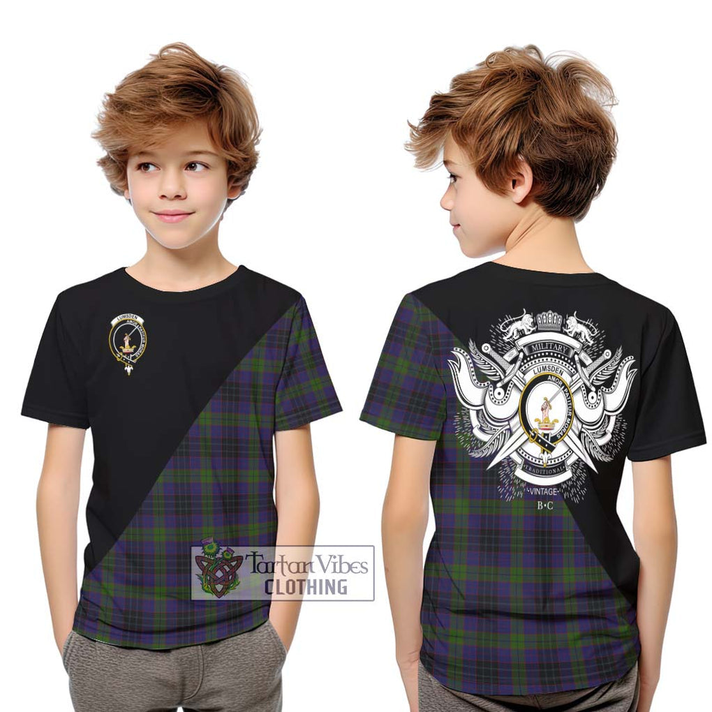 Lumsden Hunting Tartan Kid T-Shirt with Family Crest and Military Logo Style Youth XL Size14 - Tartanvibesclothing Shop