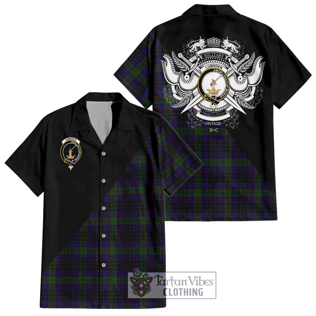 Lumsden Hunting Tartan Short Sleeve Button Shirt with Family Crest and Military Logo Style Kid - Tartanvibesclothing Shop