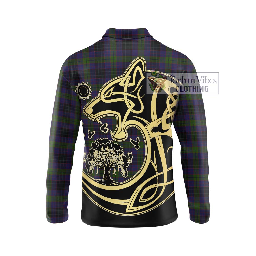 Tartan Vibes Clothing Lumsden Hunting Tartan Long Sleeve Polo Shirt with Family Crest Celtic Wolf Style