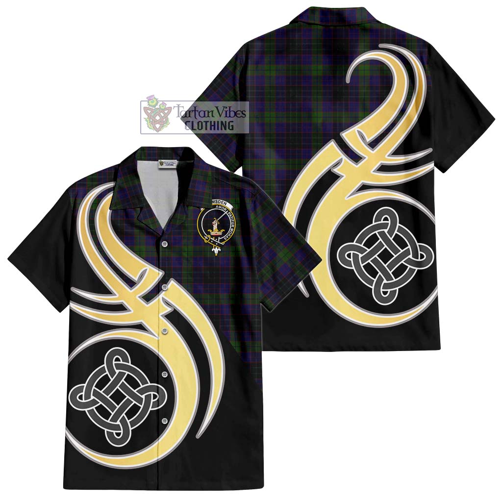 Lumsden Hunting Tartan Short Sleeve Button Shirt with Family Crest and Celtic Symbol Style - Tartan Vibes Clothing