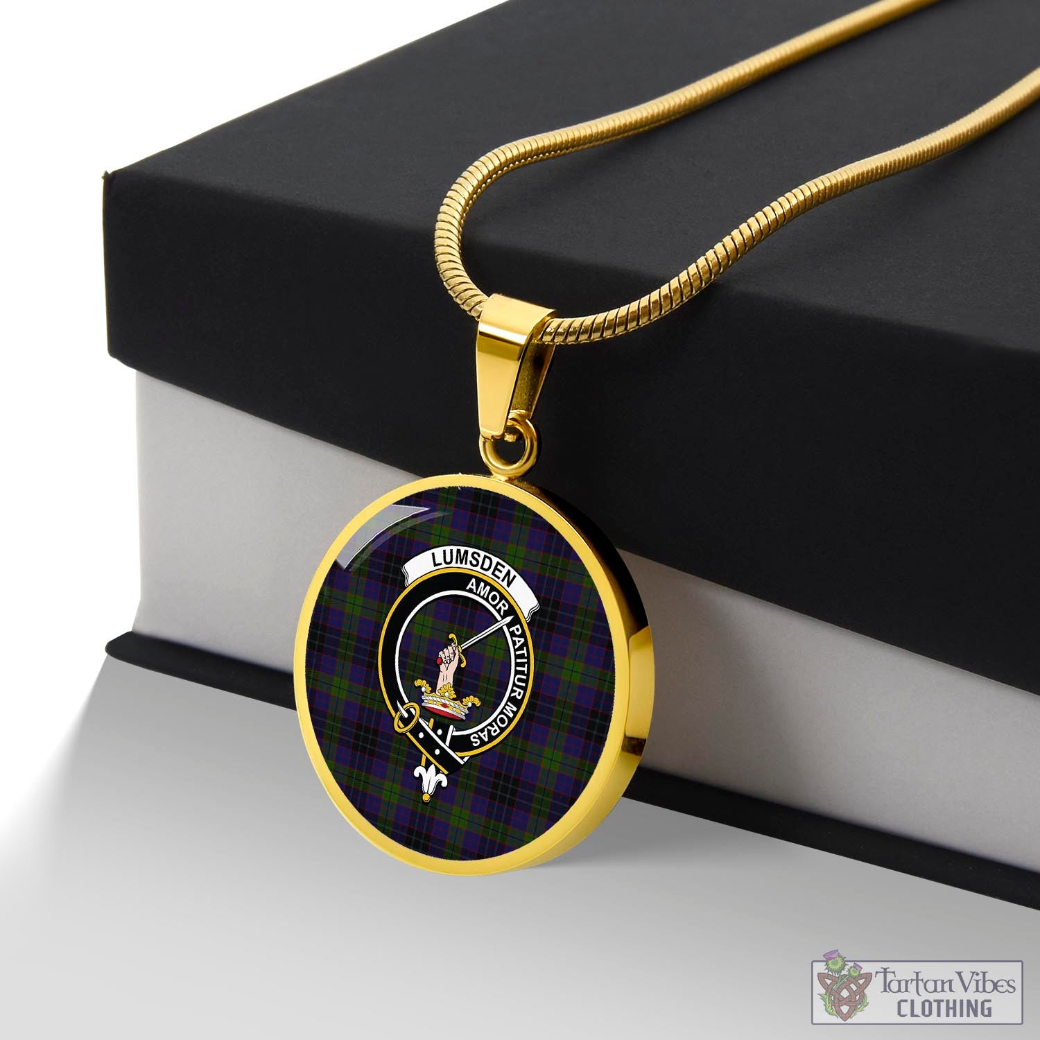 Tartan Vibes Clothing Lumsden Hunting Tartan Circle Necklace with Family Crest