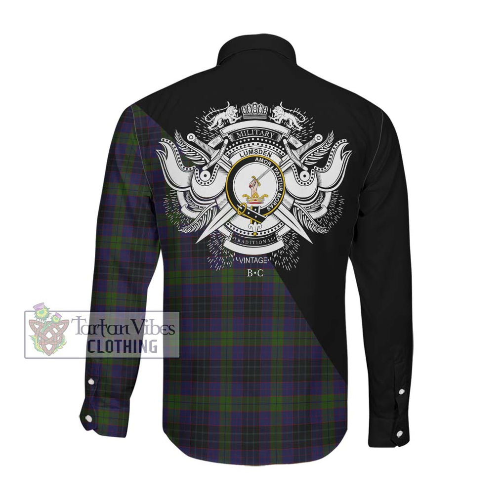 Lumsden Hunting Tartan Long Sleeve Button Shirt with Family Crest and Military Logo Style Men's Shirt - Tartanvibesclothing Shop