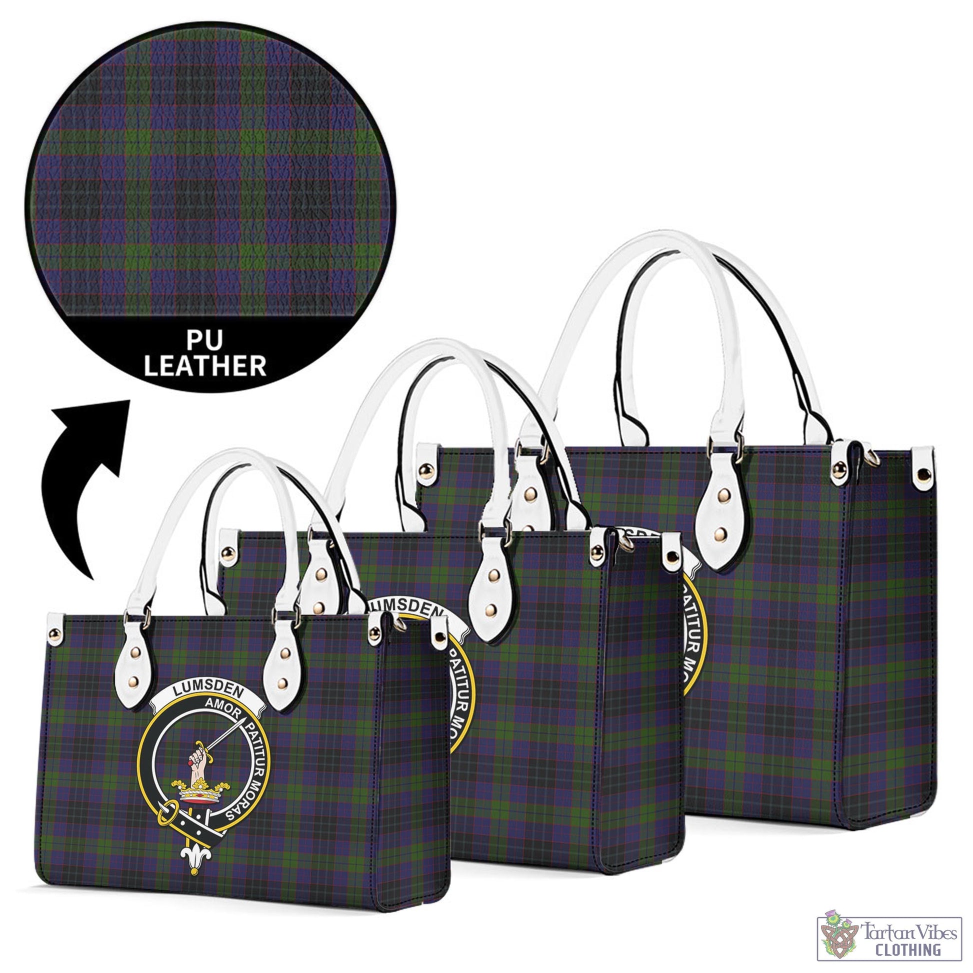 Tartan Vibes Clothing Lumsden Hunting Tartan Luxury Leather Handbags with Family Crest