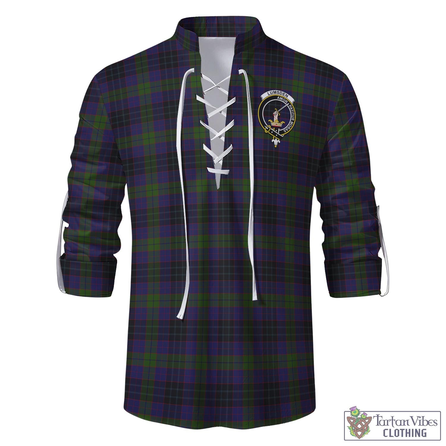 Tartan Vibes Clothing Lumsden Hunting Tartan Men's Scottish Traditional Jacobite Ghillie Kilt Shirt with Family Crest
