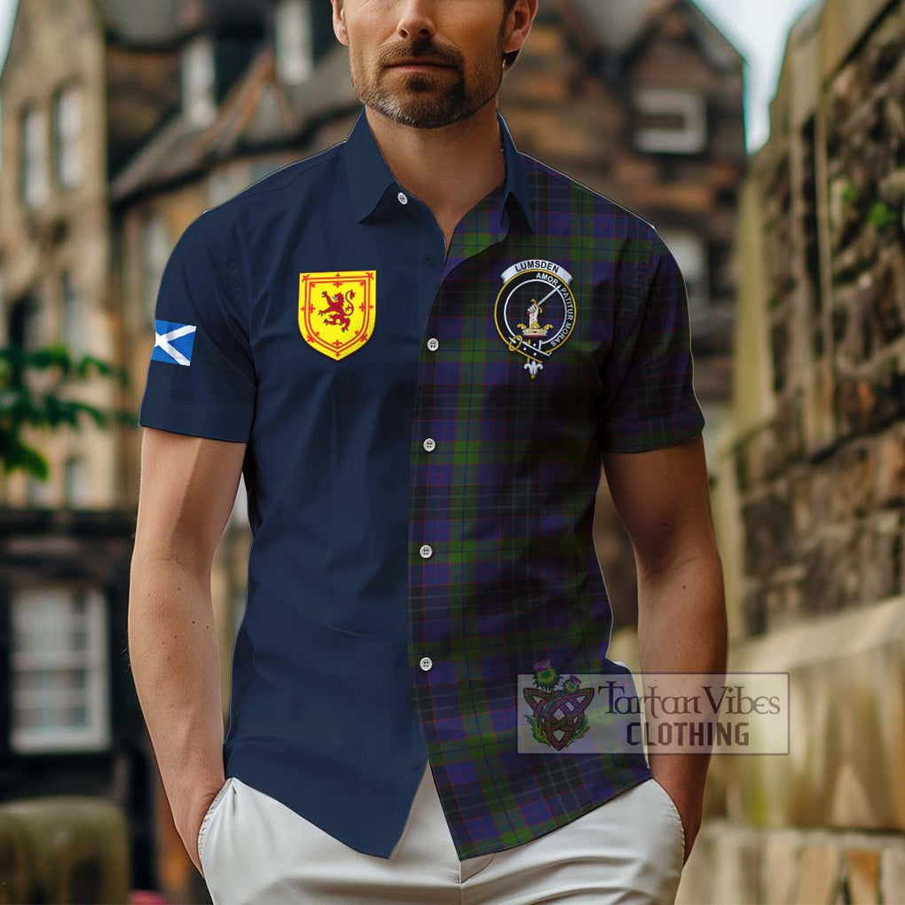 Tartan Vibes Clothing Lumsden Hunting Tartan Short Sleeve Button Shirt with Scottish Lion Royal Arm Half Style