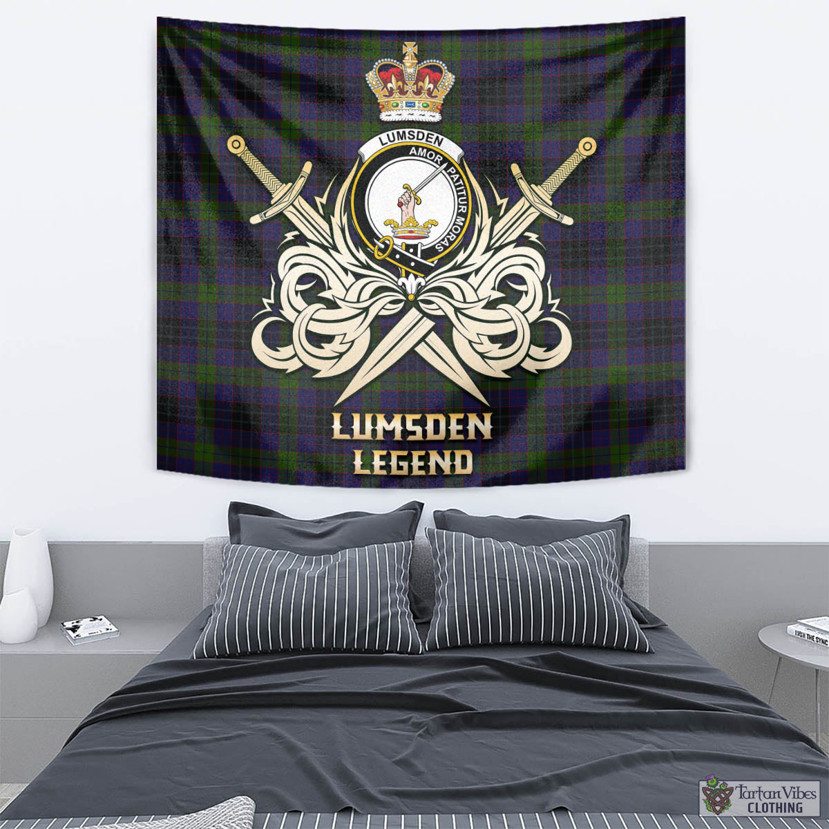 Tartan Vibes Clothing Lumsden Hunting Tartan Tapestry with Clan Crest and the Golden Sword of Courageous Legacy