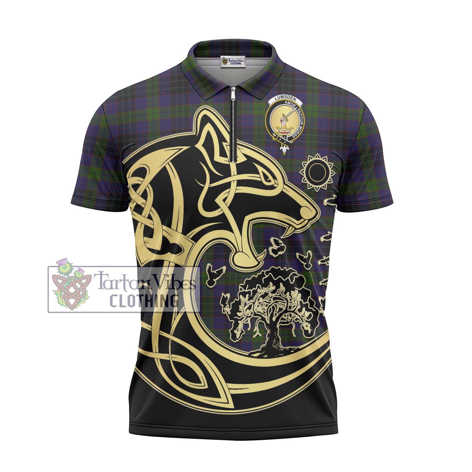 Tartan Vibes Clothing Lumsden Hunting Tartan Zipper Polo Shirt with Family Crest Celtic Wolf Style