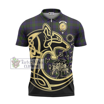 Lumsden Hunting Tartan Zipper Polo Shirt with Family Crest Celtic Wolf Style