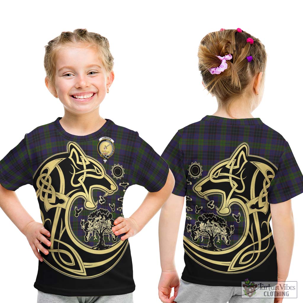 Tartan Vibes Clothing Lumsden Hunting Tartan Kid T-Shirt with Family Crest Celtic Wolf Style