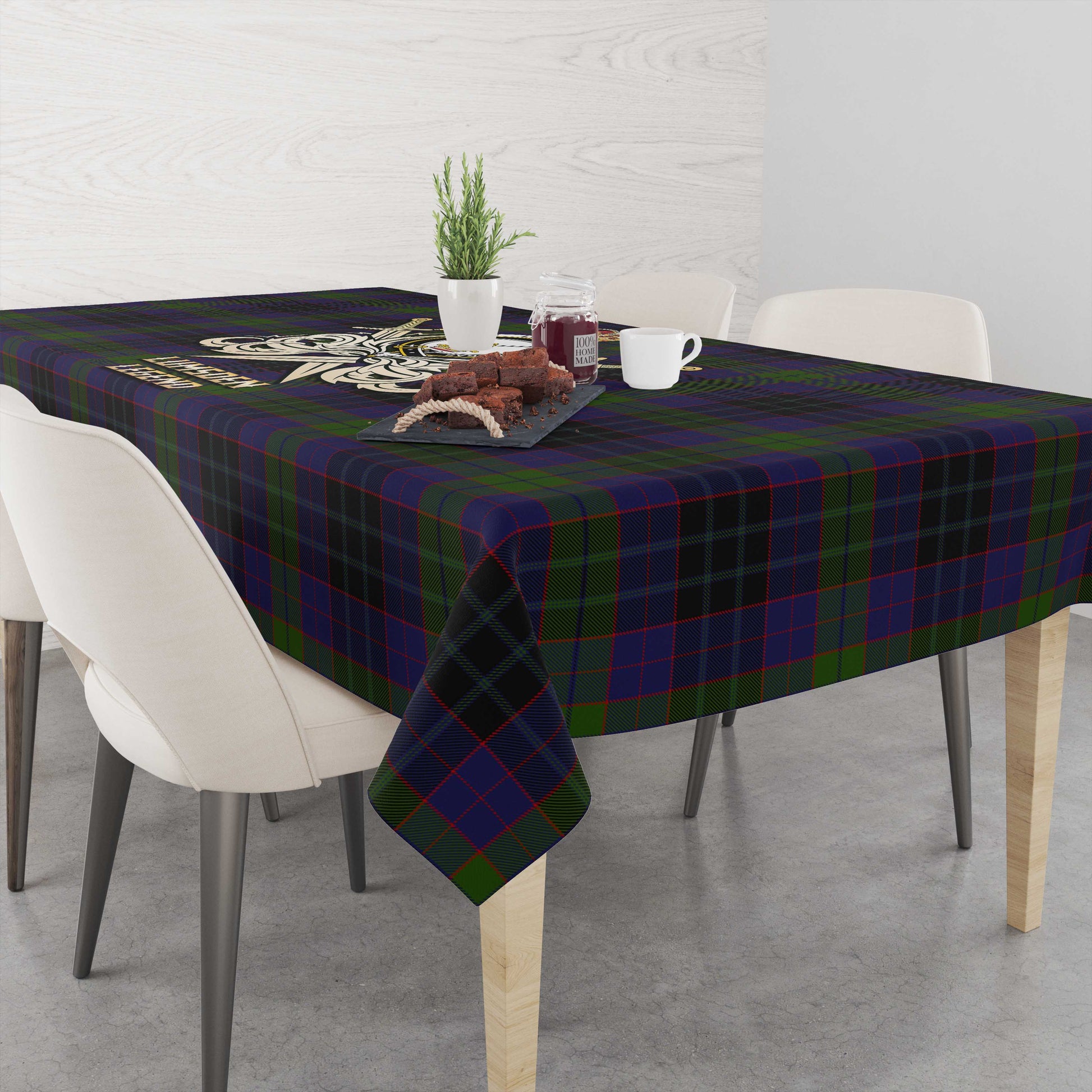 Tartan Vibes Clothing Lumsden Hunting Tartan Tablecloth with Clan Crest and the Golden Sword of Courageous Legacy