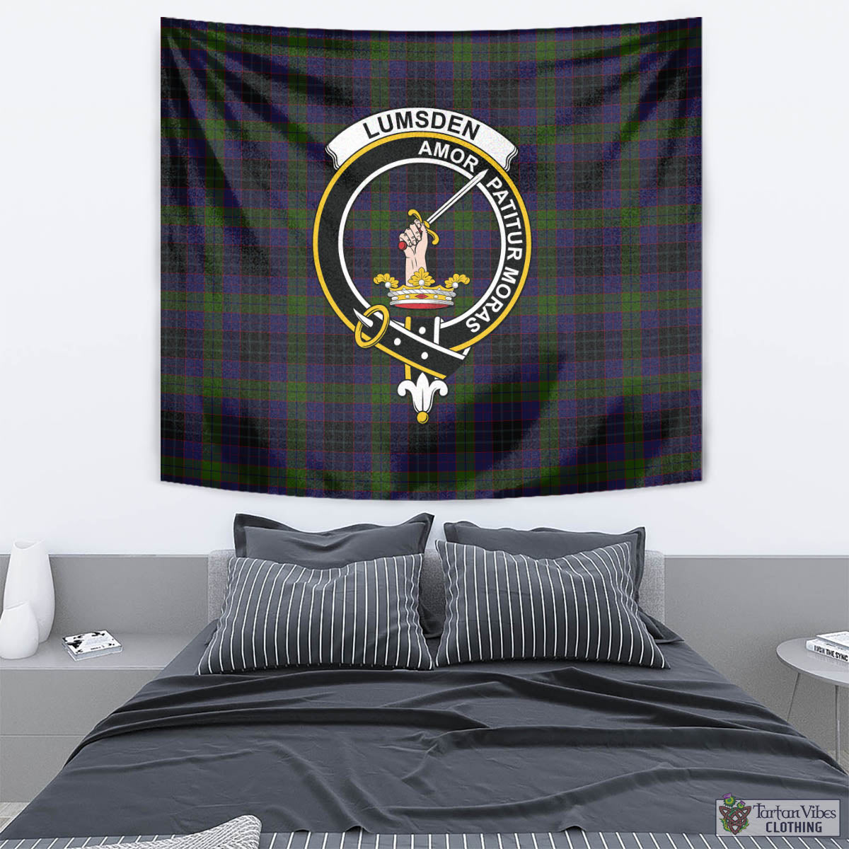 Tartan Vibes Clothing Lumsden Hunting Tartan Tapestry Wall Hanging and Home Decor for Room with Family Crest