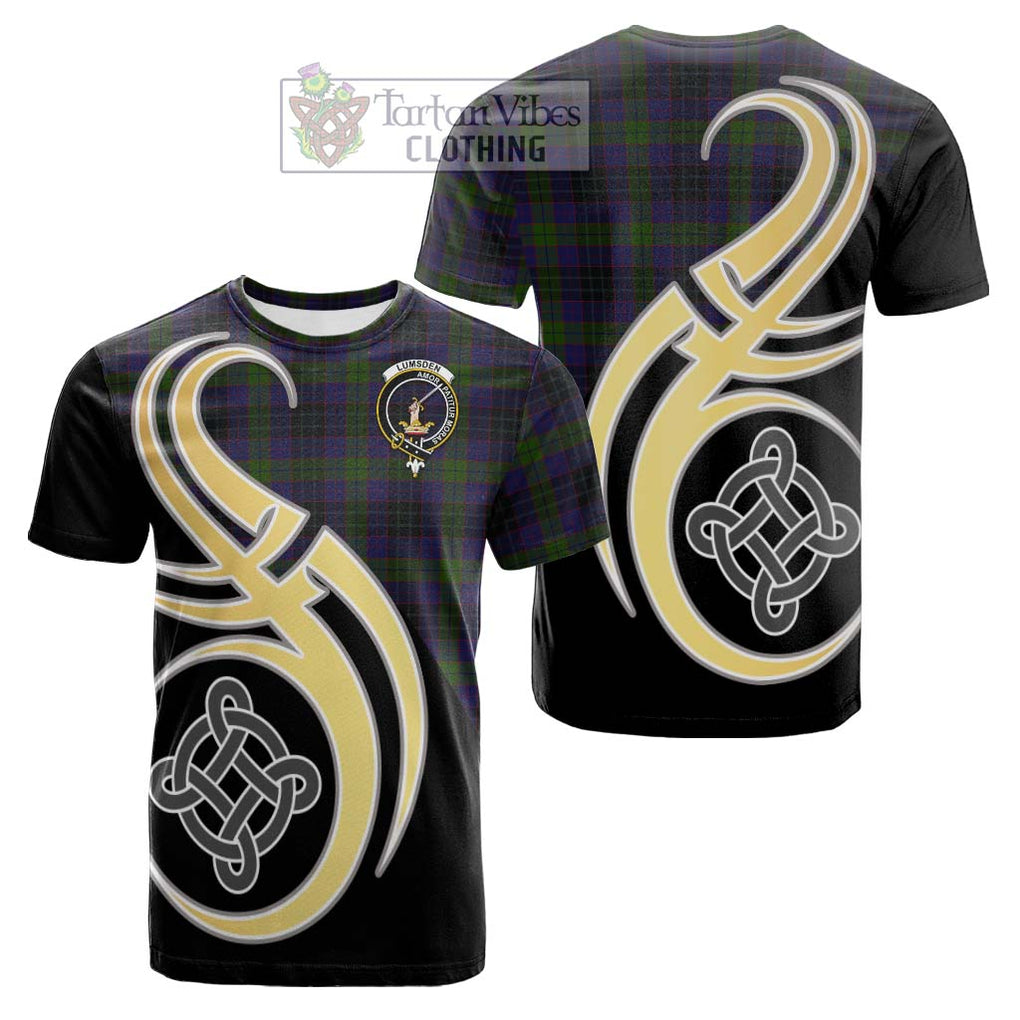 Tartan Vibes Clothing Lumsden Hunting Tartan Cotton T-shirt with Family Crest and Celtic Symbol Style