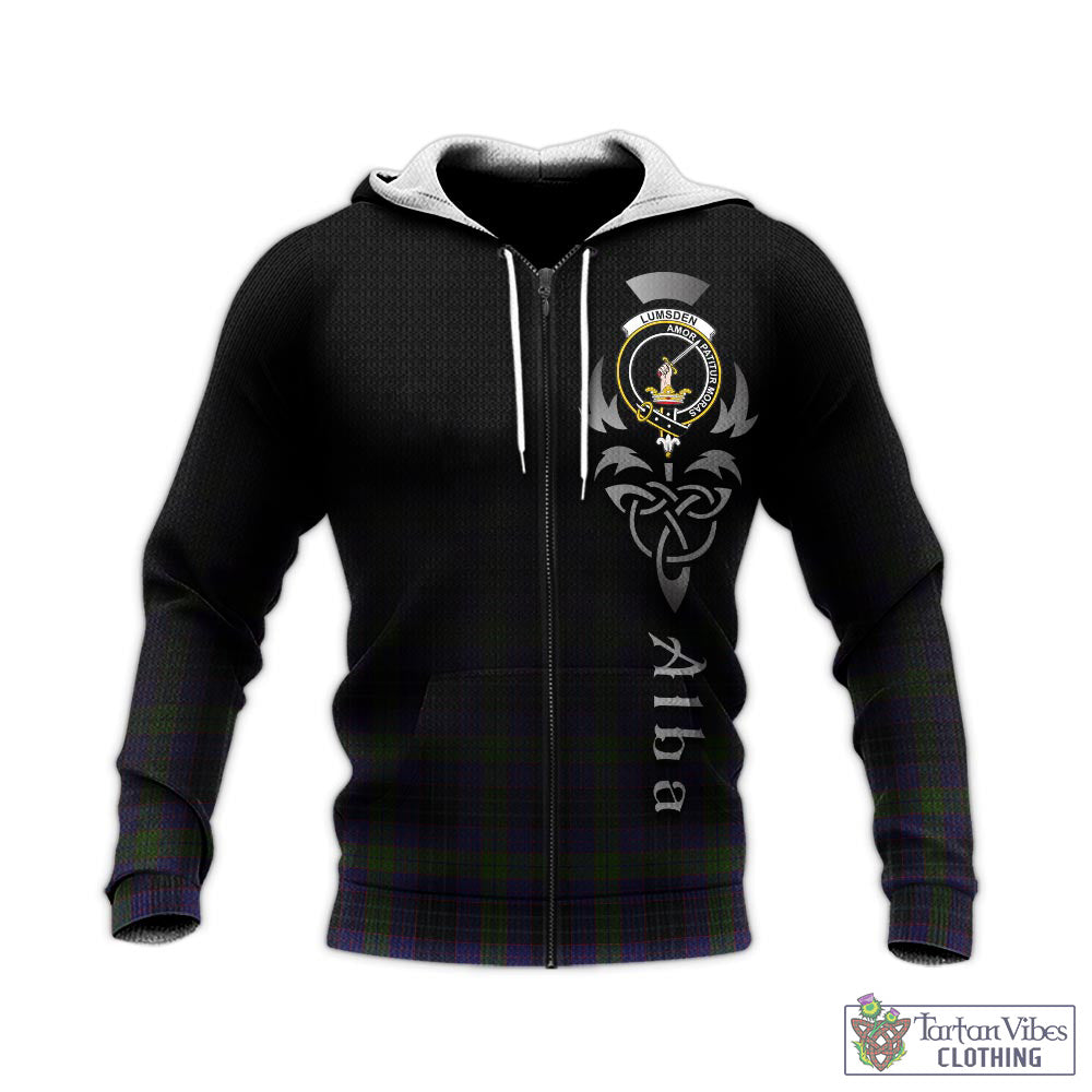 Tartan Vibes Clothing Lumsden Hunting Tartan Knitted Hoodie Featuring Alba Gu Brath Family Crest Celtic Inspired