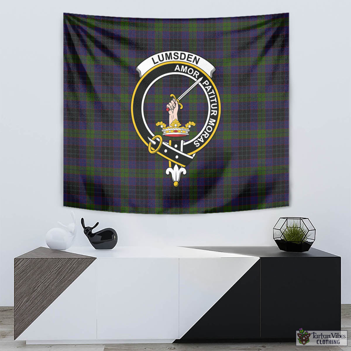 Tartan Vibes Clothing Lumsden Hunting Tartan Tapestry Wall Hanging and Home Decor for Room with Family Crest