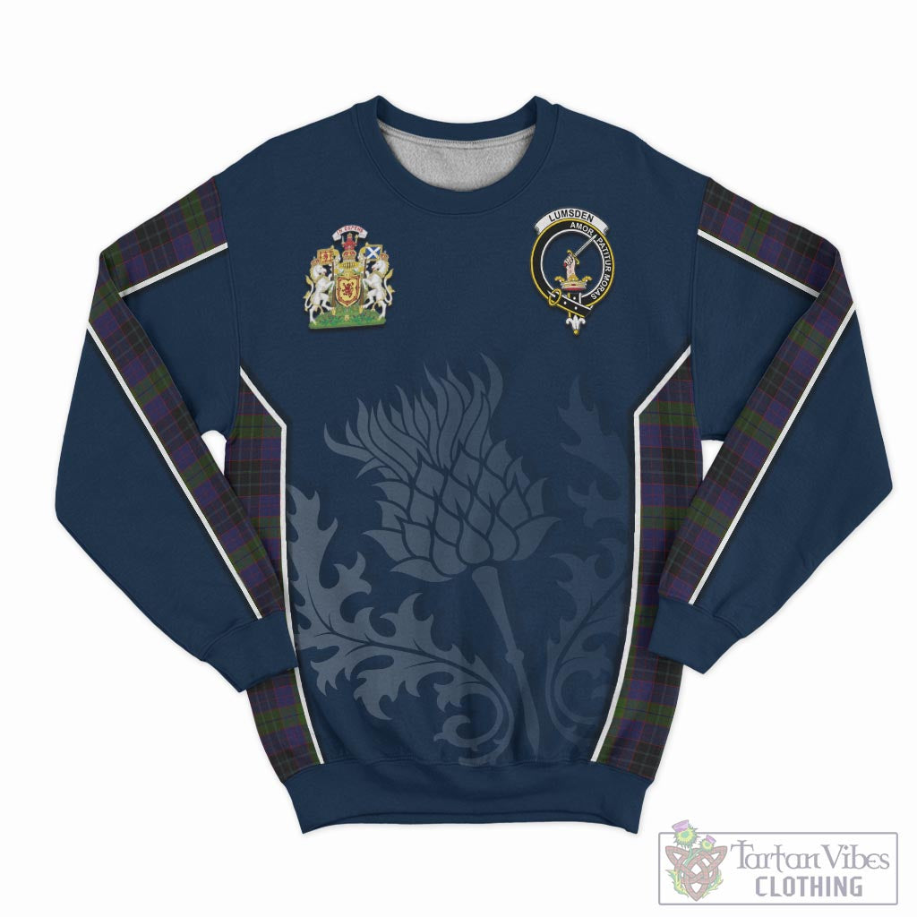 Tartan Vibes Clothing Lumsden Hunting Tartan Sweatshirt with Family Crest and Scottish Thistle Vibes Sport Style