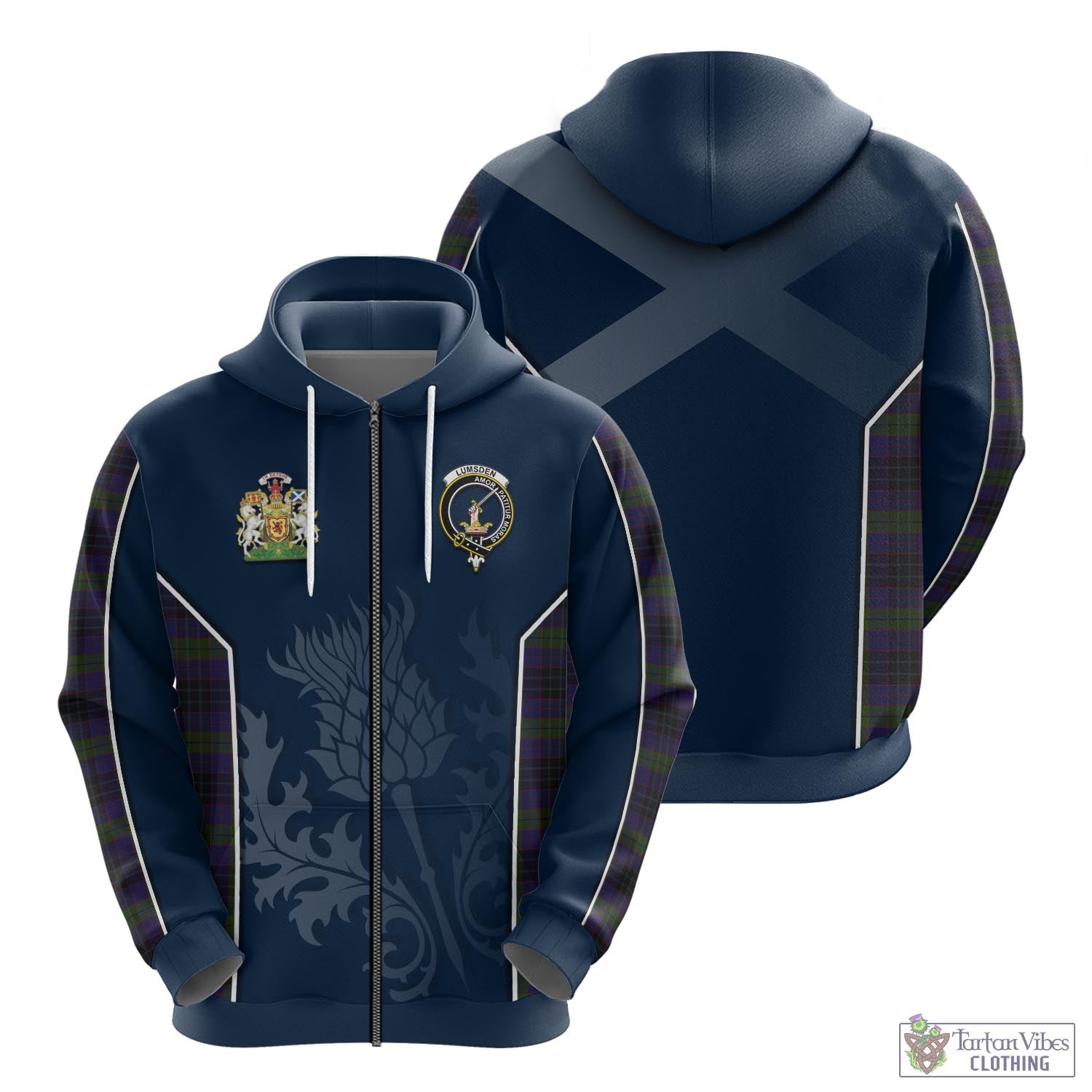 Tartan Vibes Clothing Lumsden Hunting Tartan Hoodie with Family Crest and Scottish Thistle Vibes Sport Style