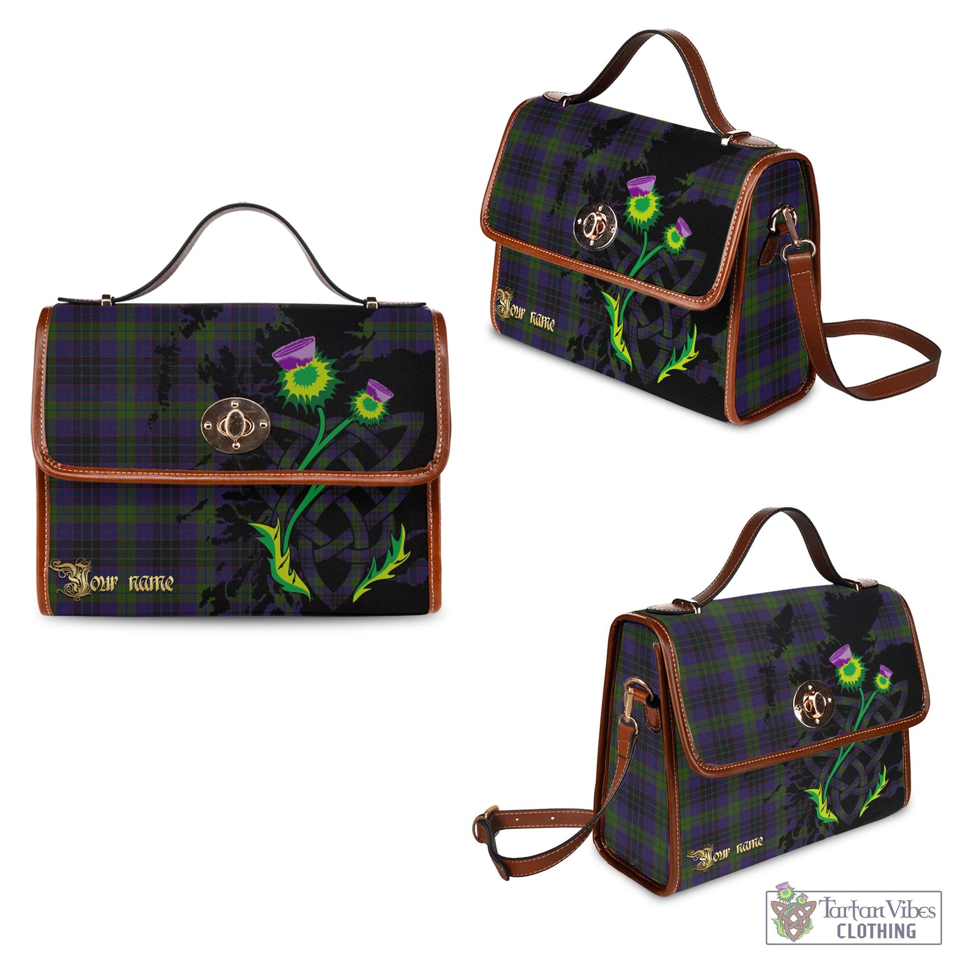 Tartan Vibes Clothing Lumsden Hunting Tartan Waterproof Canvas Bag with Scotland Map and Thistle Celtic Accents