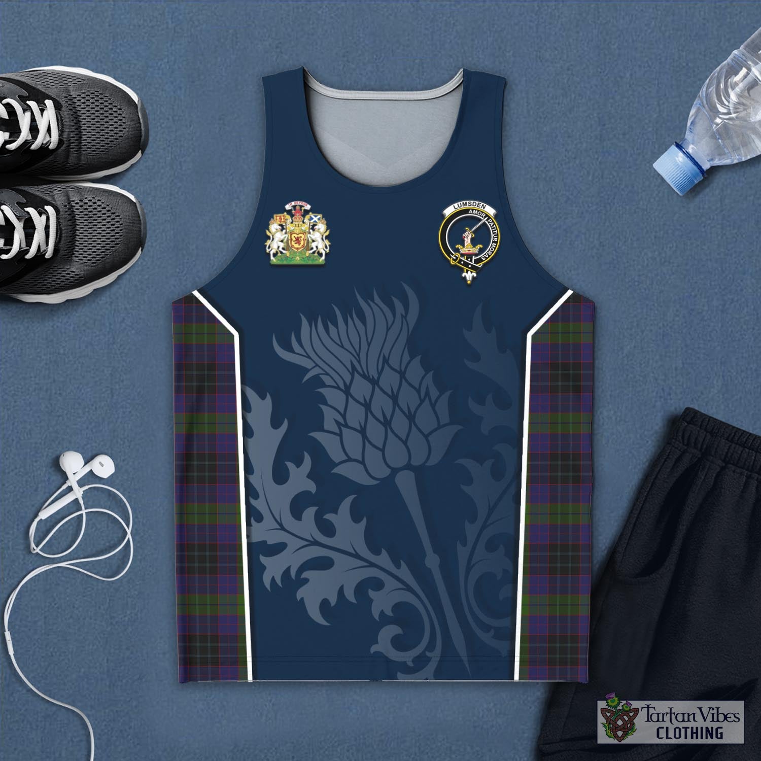 Tartan Vibes Clothing Lumsden Hunting Tartan Men's Tanks Top with Family Crest and Scottish Thistle Vibes Sport Style