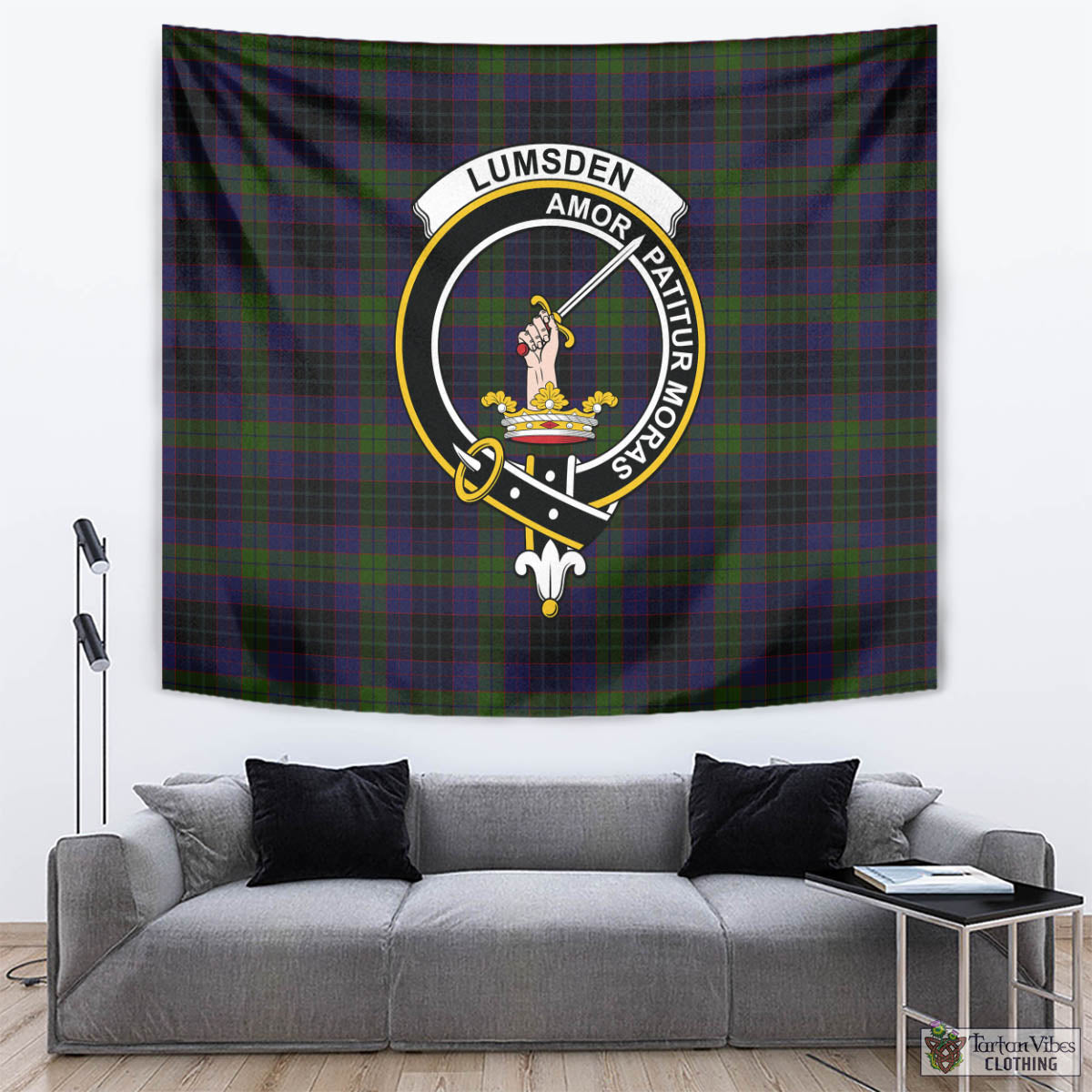 Tartan Vibes Clothing Lumsden Hunting Tartan Tapestry Wall Hanging and Home Decor for Room with Family Crest