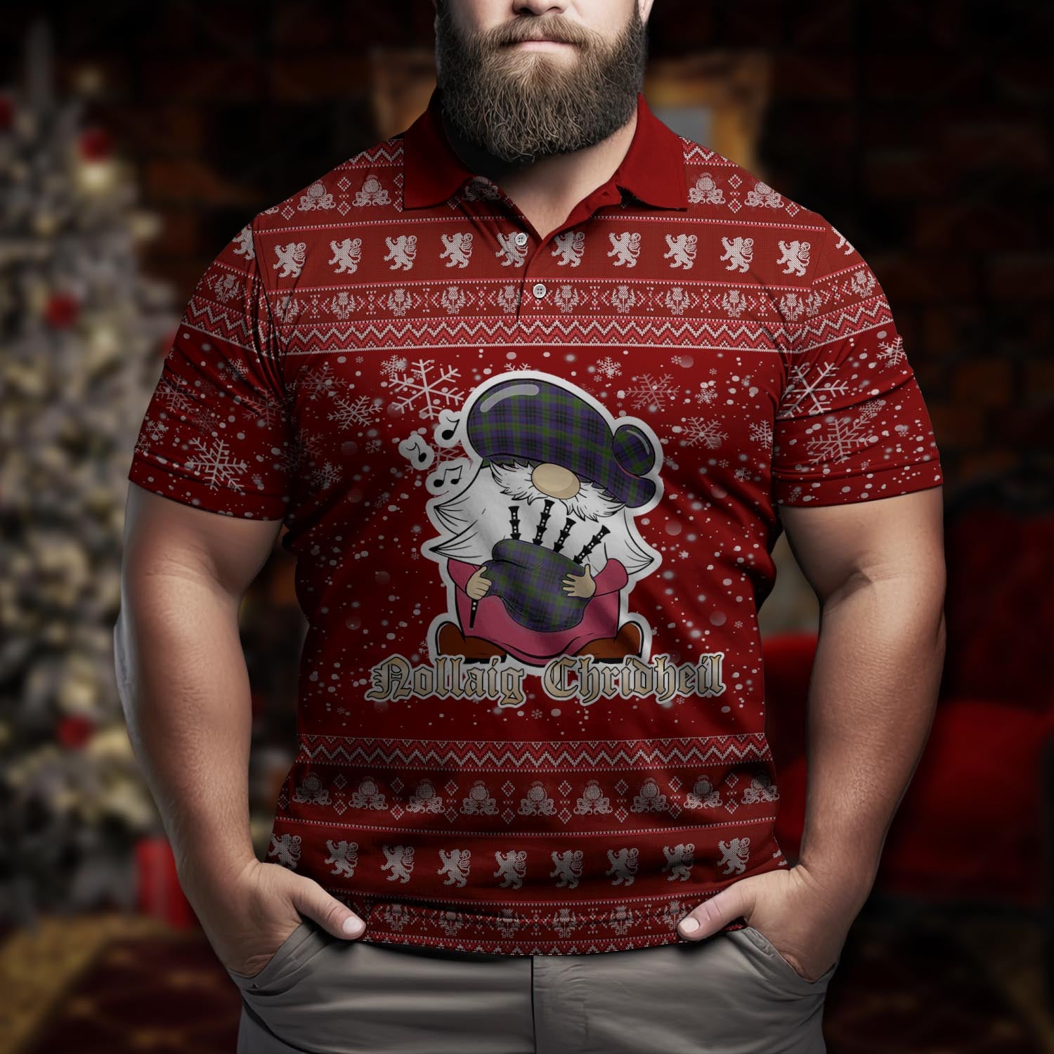 Lumsden Hunting Clan Christmas Family Polo Shirt with Funny Gnome Playing Bagpipes Men's Polo Shirt Red - Tartanvibesclothing