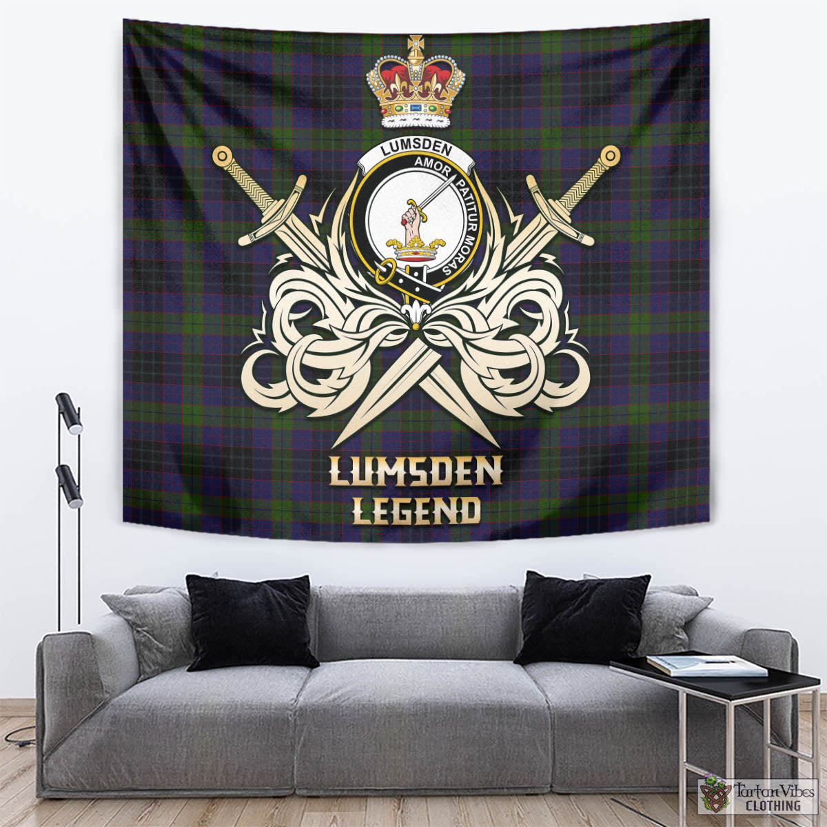 Tartan Vibes Clothing Lumsden Hunting Tartan Tapestry with Clan Crest and the Golden Sword of Courageous Legacy