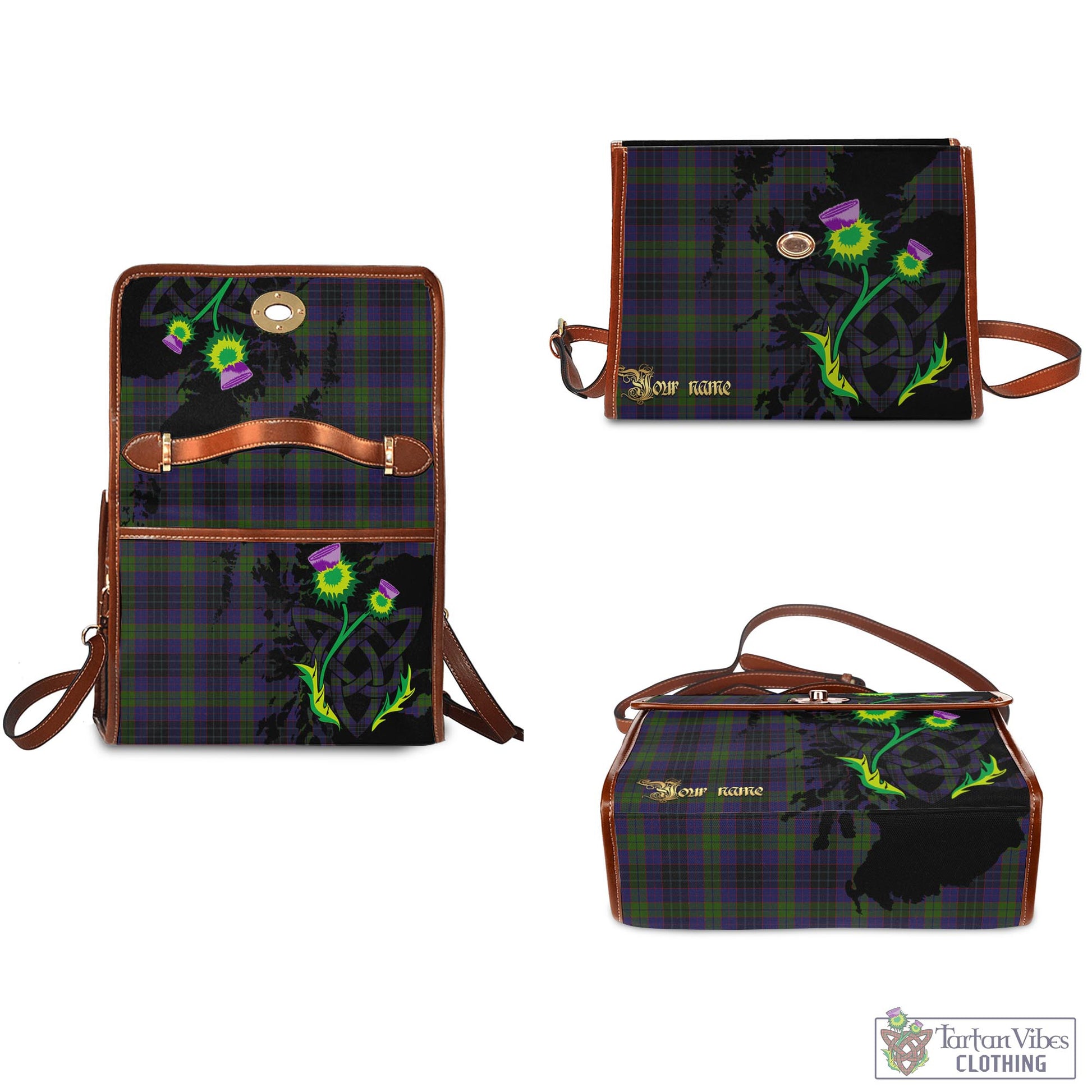 Tartan Vibes Clothing Lumsden Hunting Tartan Waterproof Canvas Bag with Scotland Map and Thistle Celtic Accents