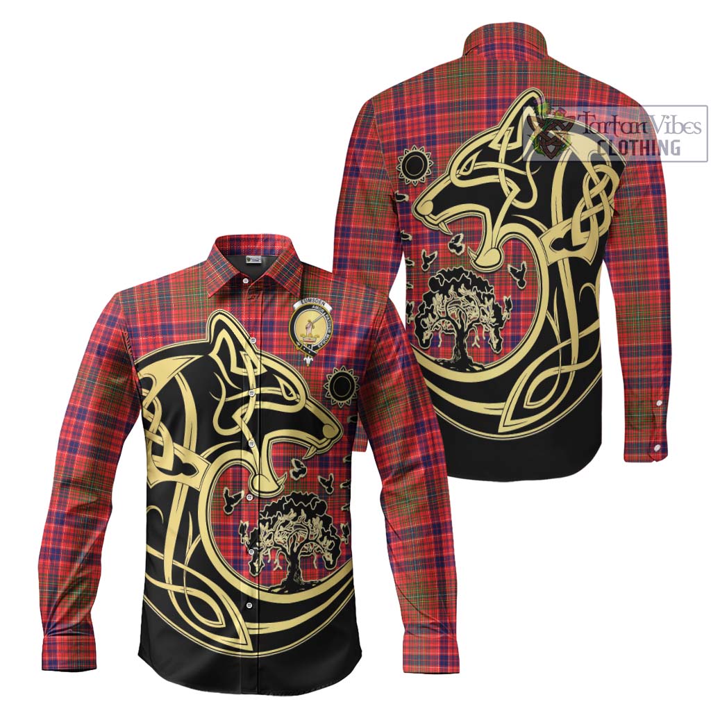 Tartan Vibes Clothing Lumsden Modern Tartan Long Sleeve Button Shirt with Family Crest Celtic Wolf Style