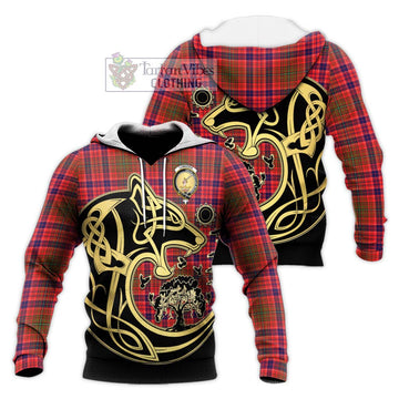 Lumsden Modern Tartan Knitted Hoodie with Family Crest Celtic Wolf Style