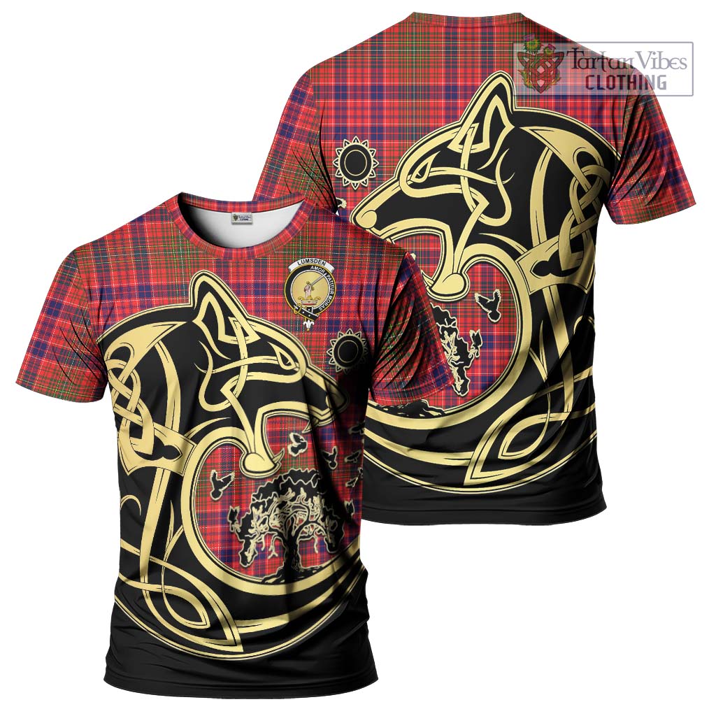 Tartan Vibes Clothing Lumsden Modern Tartan T-Shirt with Family Crest Celtic Wolf Style