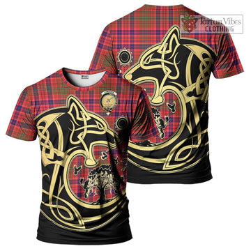 Lumsden Modern Tartan T-Shirt with Family Crest Celtic Wolf Style