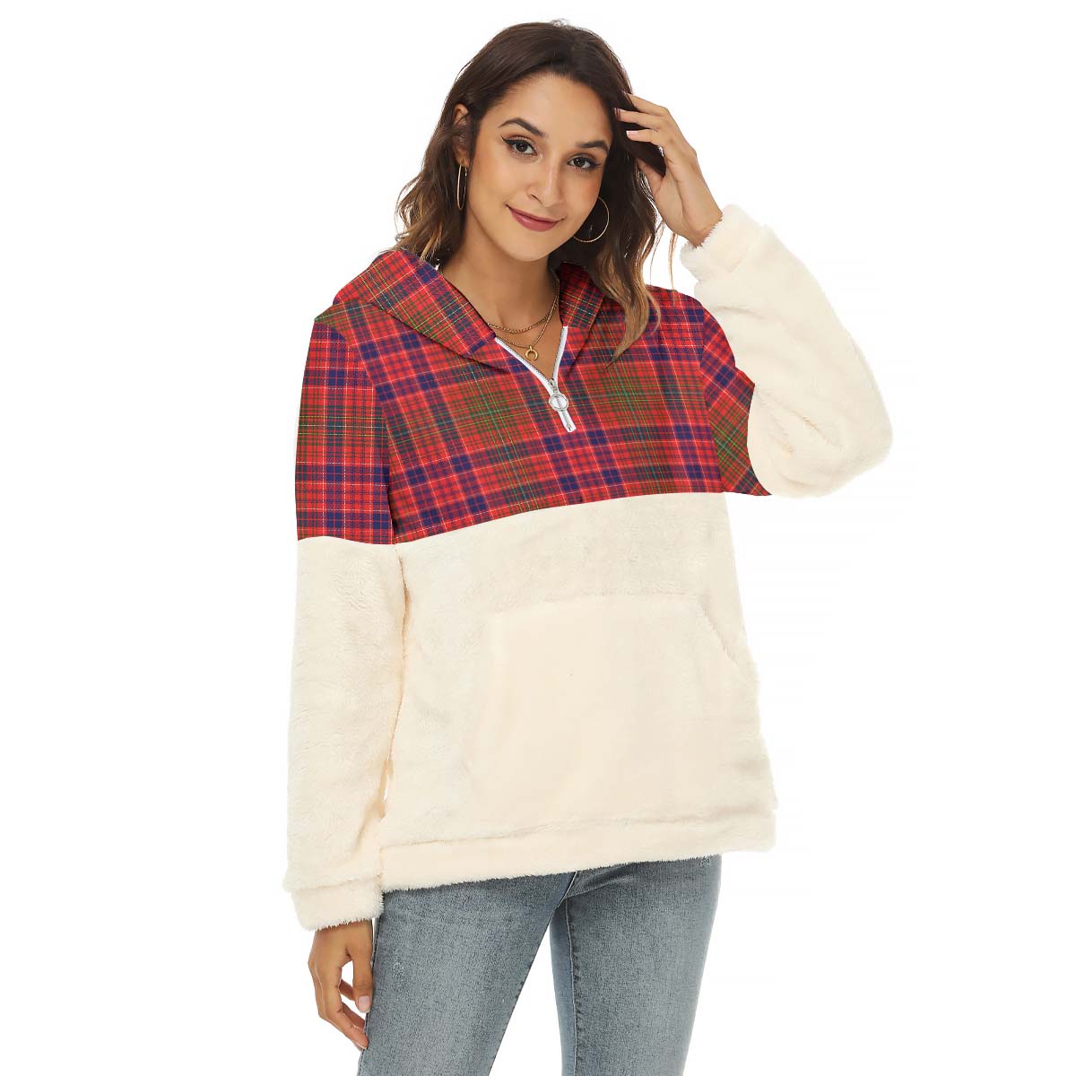 Lumsden Modern Tartan Women's Borg Fleece Hoodie With Half Zip Female - Tartan Vibes Clothing