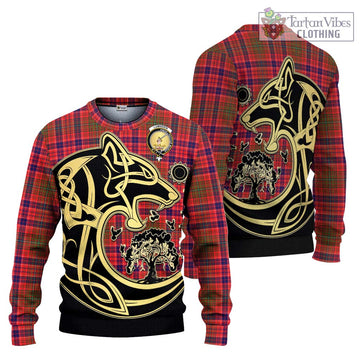 Lumsden Modern Tartan Knitted Sweater with Family Crest Celtic Wolf Style