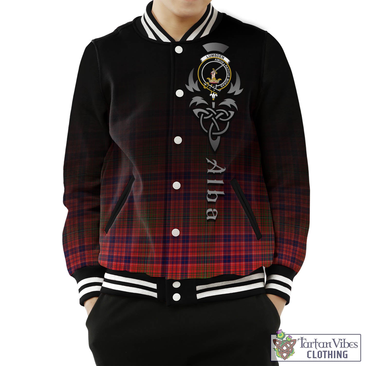 Tartan Vibes Clothing Lumsden Modern Tartan Baseball Jacket Featuring Alba Gu Brath Family Crest Celtic Inspired