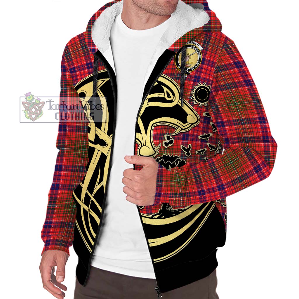 Tartan Vibes Clothing Lumsden Modern Tartan Sherpa Hoodie with Family Crest Celtic Wolf Style
