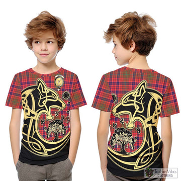 Lumsden Modern Tartan Kid T-Shirt with Family Crest Celtic Wolf Style