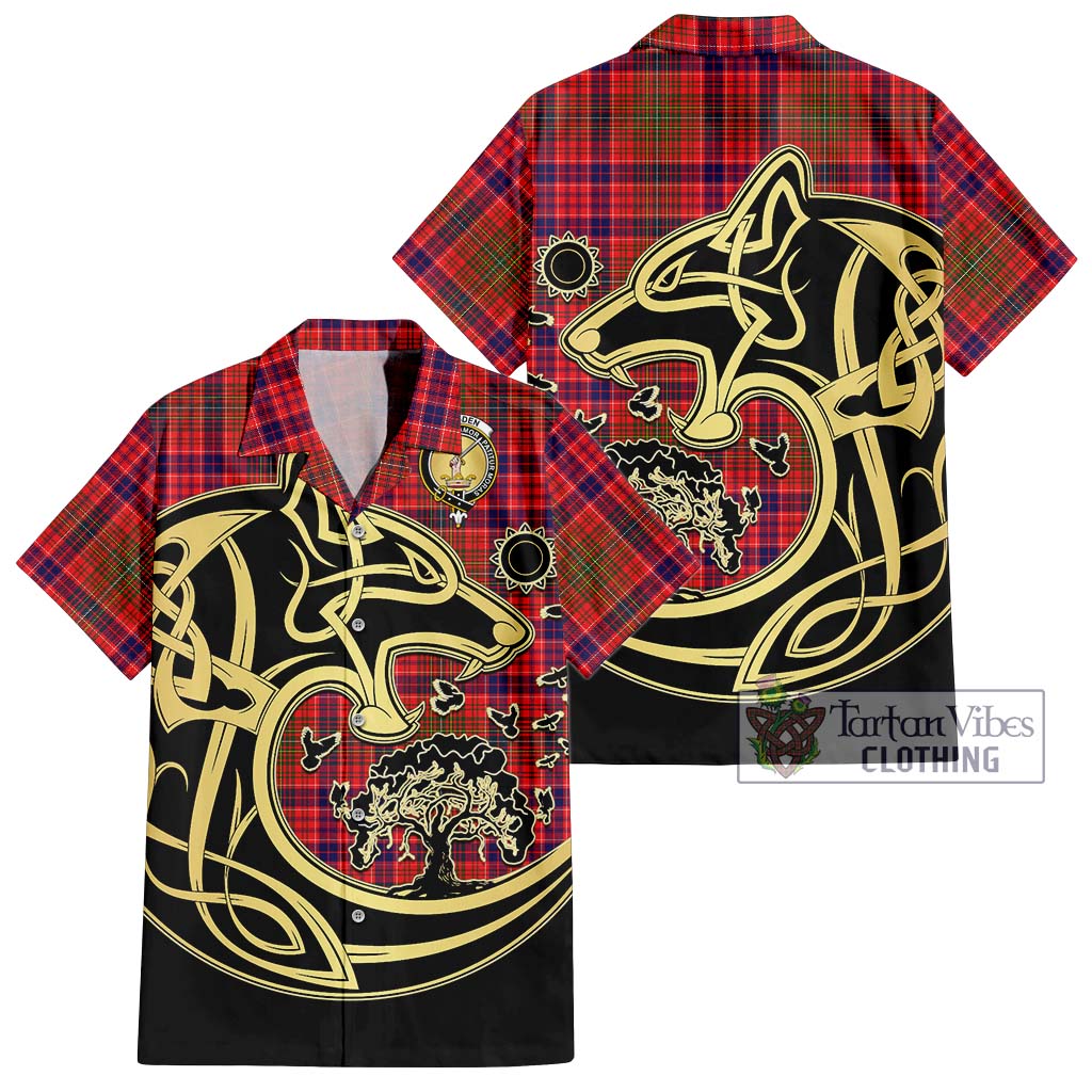 Tartan Vibes Clothing Lumsden Modern Tartan Short Sleeve Button Shirt with Family Crest Celtic Wolf Style