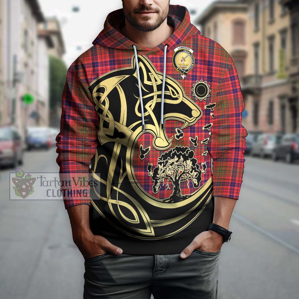 Tartan Vibes Clothing Lumsden Modern Tartan Hoodie with Family Crest Celtic Wolf Style