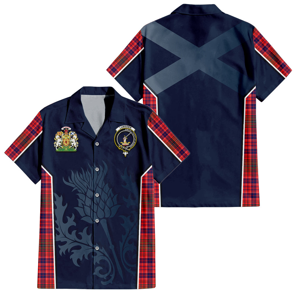 Tartan Vibes Clothing Lumsden Modern Tartan Short Sleeve Button Up Shirt with Family Crest and Scottish Thistle Vibes Sport Style