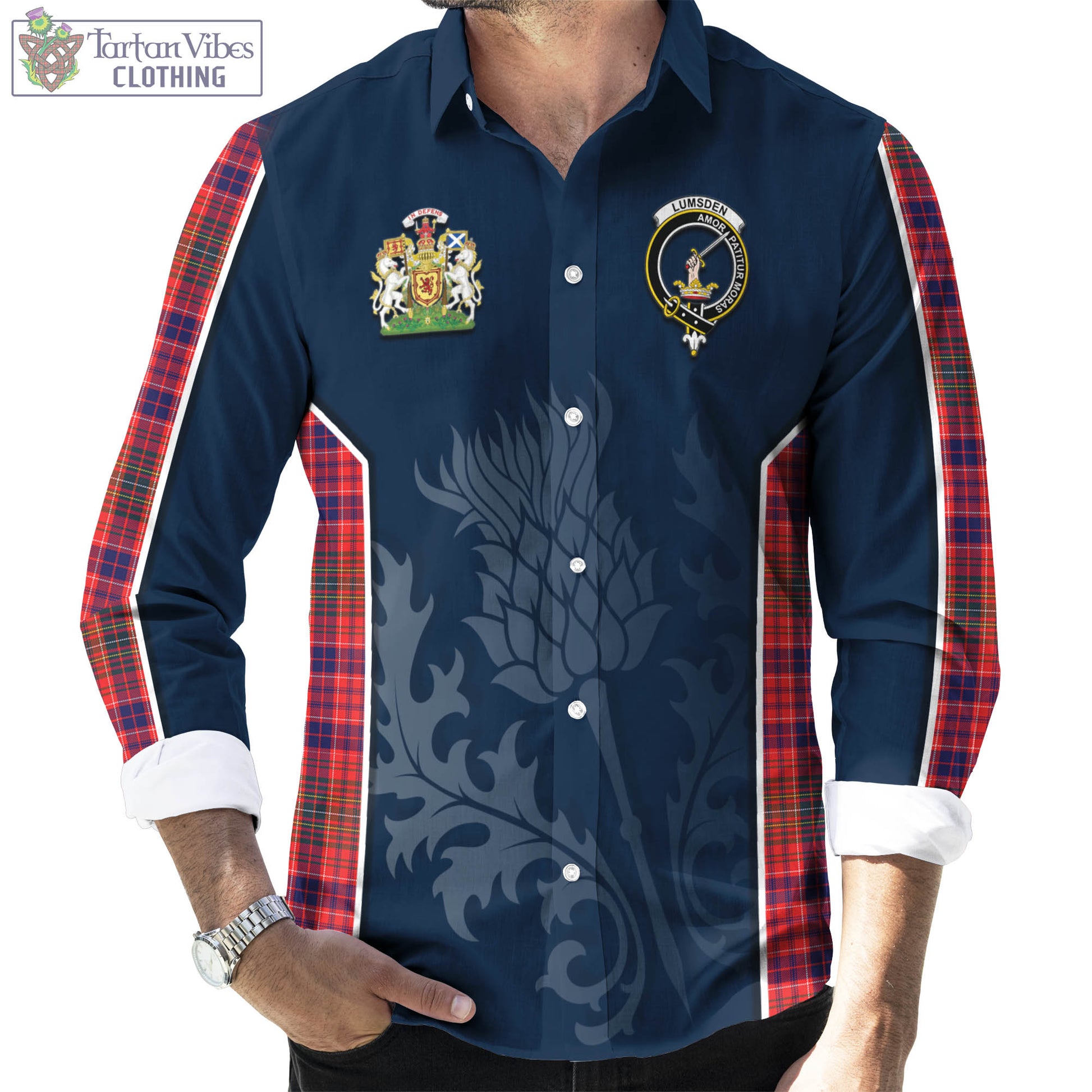 Tartan Vibes Clothing Lumsden Modern Tartan Long Sleeve Button Up Shirt with Family Crest and Scottish Thistle Vibes Sport Style