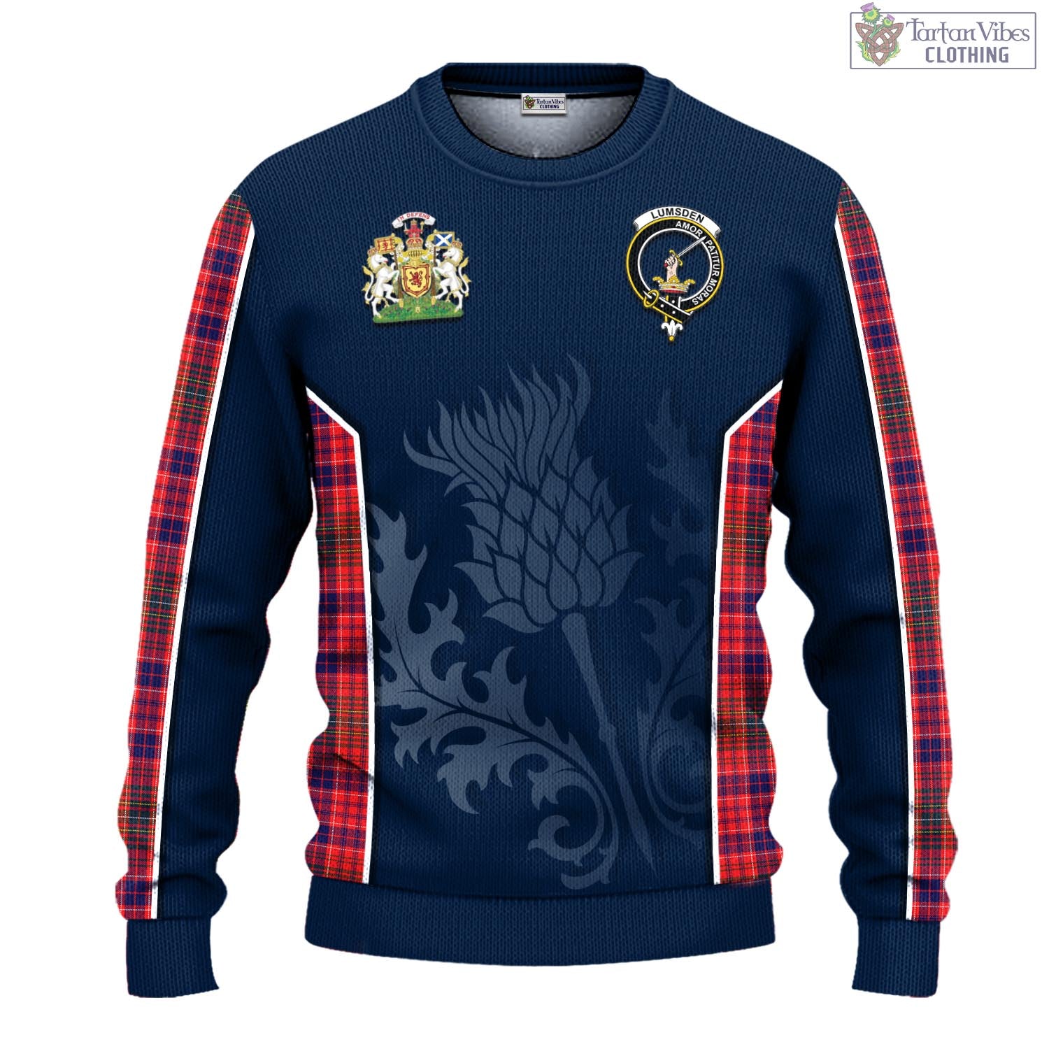 Tartan Vibes Clothing Lumsden Modern Tartan Knitted Sweatshirt with Family Crest and Scottish Thistle Vibes Sport Style