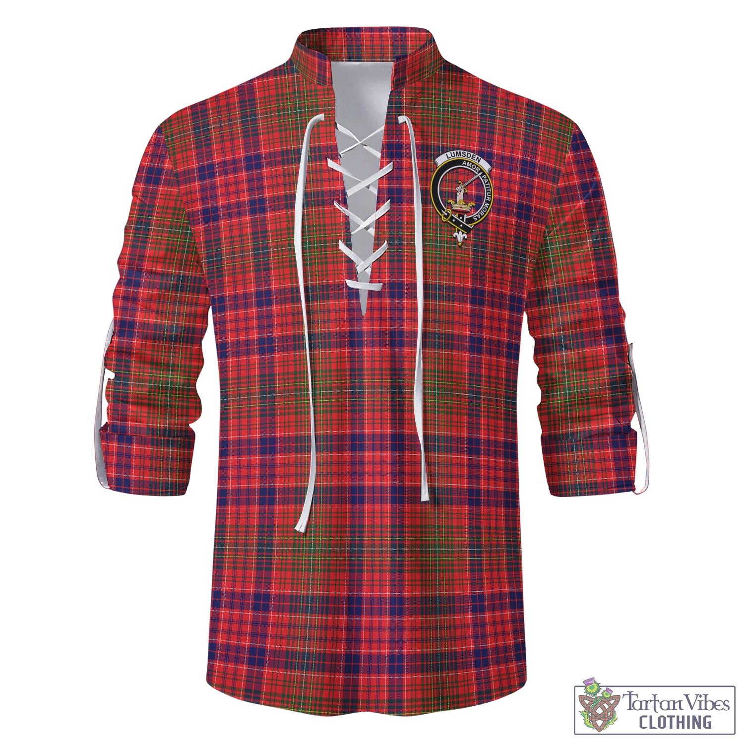 Tartan Vibes Clothing Lumsden Modern Tartan Men's Scottish Traditional Jacobite Ghillie Kilt Shirt with Family Crest