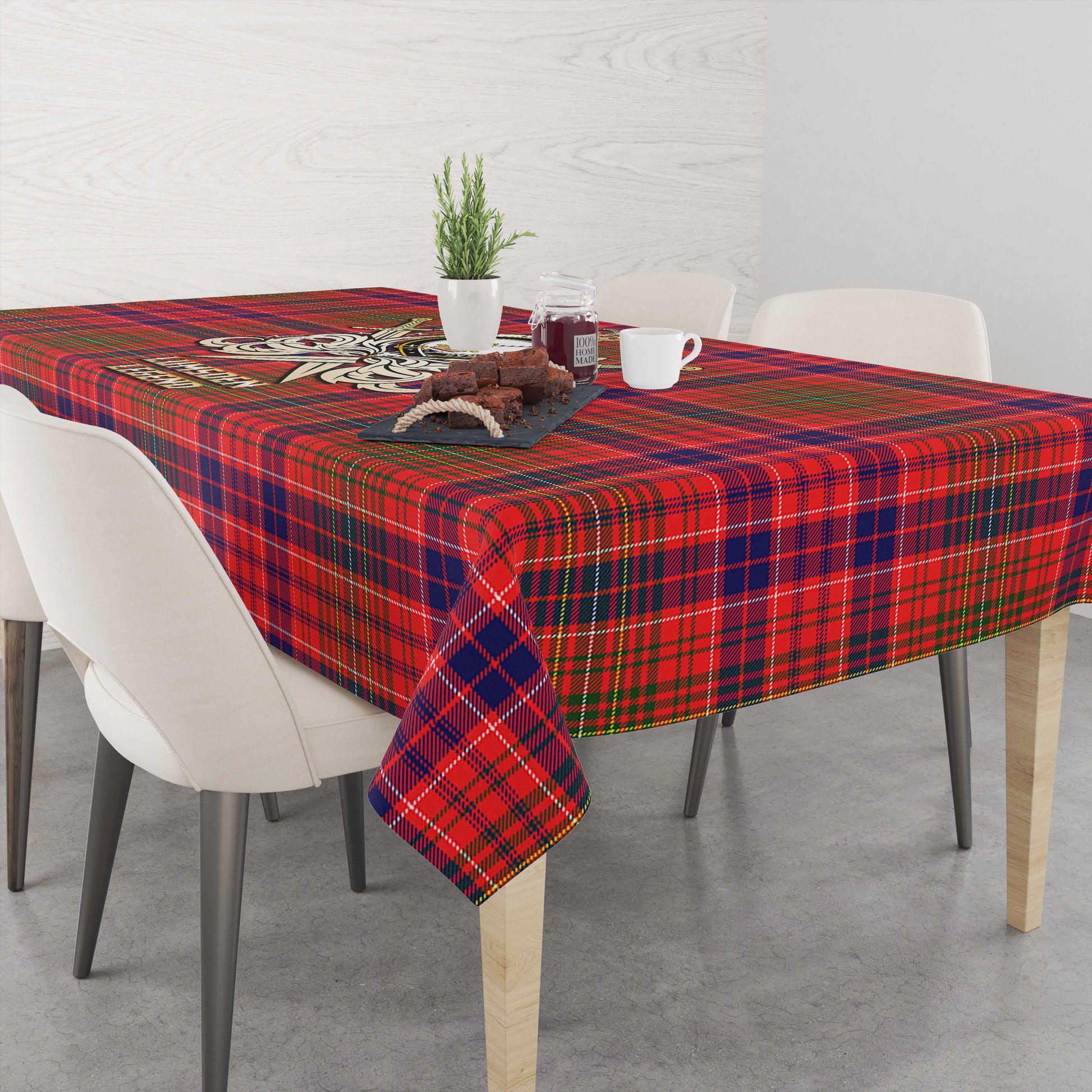 Tartan Vibes Clothing Lumsden Modern Tartan Tablecloth with Clan Crest and the Golden Sword of Courageous Legacy