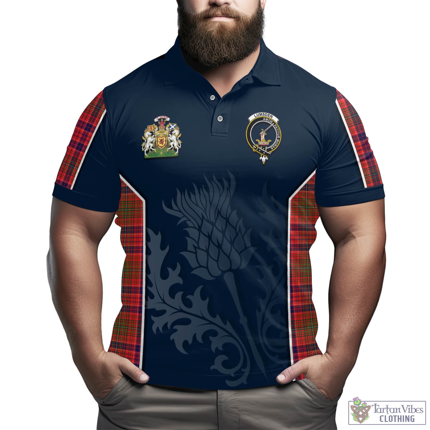 Tartan Vibes Clothing Lumsden Modern Tartan Men's Polo Shirt with Family Crest and Scottish Thistle Vibes Sport Style