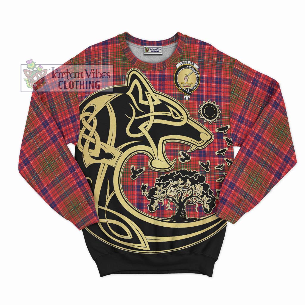 Tartan Vibes Clothing Lumsden Modern Tartan Sweatshirt with Family Crest Celtic Wolf Style