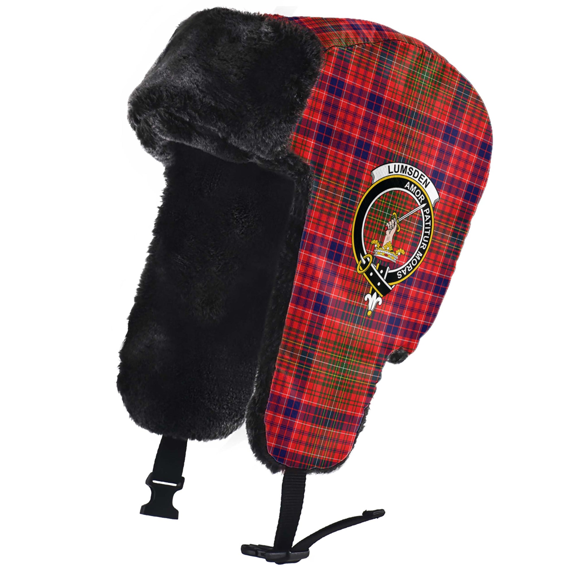 Lumsden Modern Tartan Winter Trapper Hat with Family Crest - Tartanvibesclothing