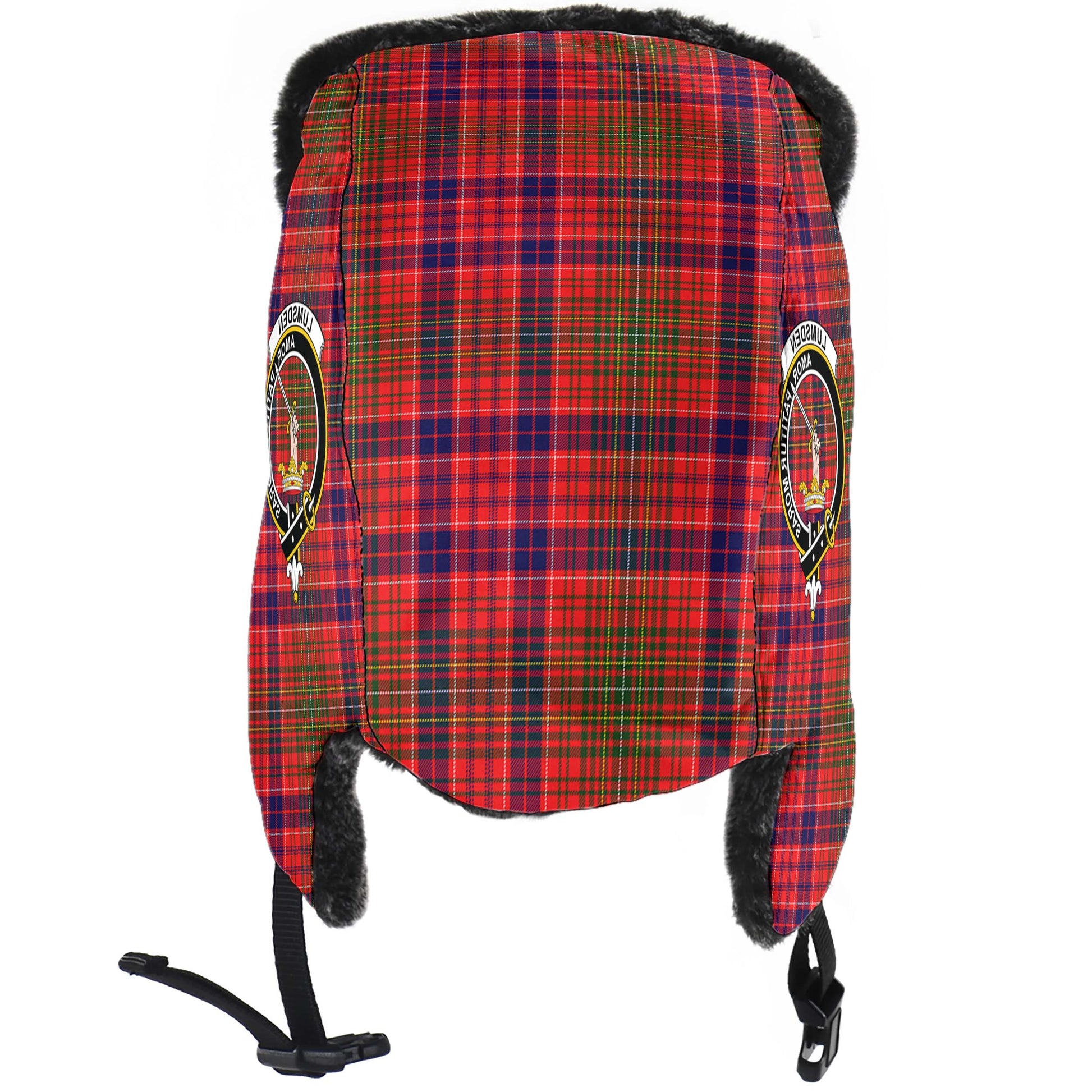 Lumsden Modern Tartan Winter Trapper Hat with Family Crest - Tartanvibesclothing