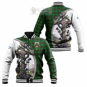 Lundin Tartan Baseball Jacket with Family Crest and St. Andrew's Cross Accented by Thistle Vines Unisex - Tartan Vibes Clothing