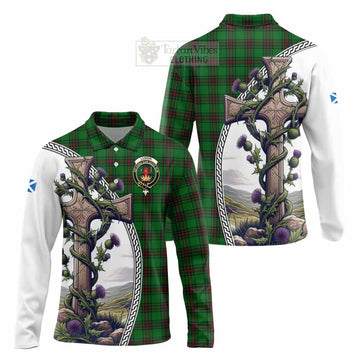 Lundin Tartan Long Sleeve Polo Shirt with Family Crest and St. Andrew's Cross Accented by Thistle Vines Unisex - Tartan Vibes Clothing