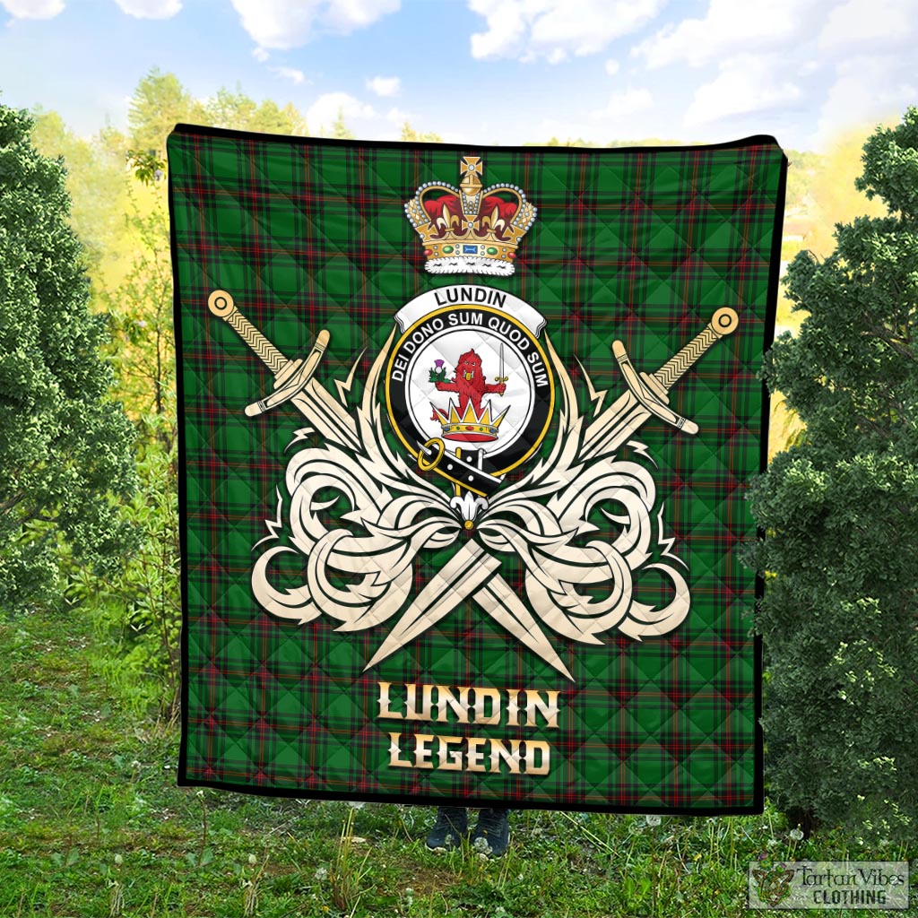 Tartan Vibes Clothing Lundin Tartan Quilt with Clan Crest and the Golden Sword of Courageous Legacy